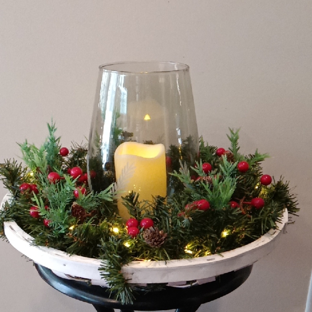 Festive Holiday Candle Centerpiece with Greenery and Red Accents